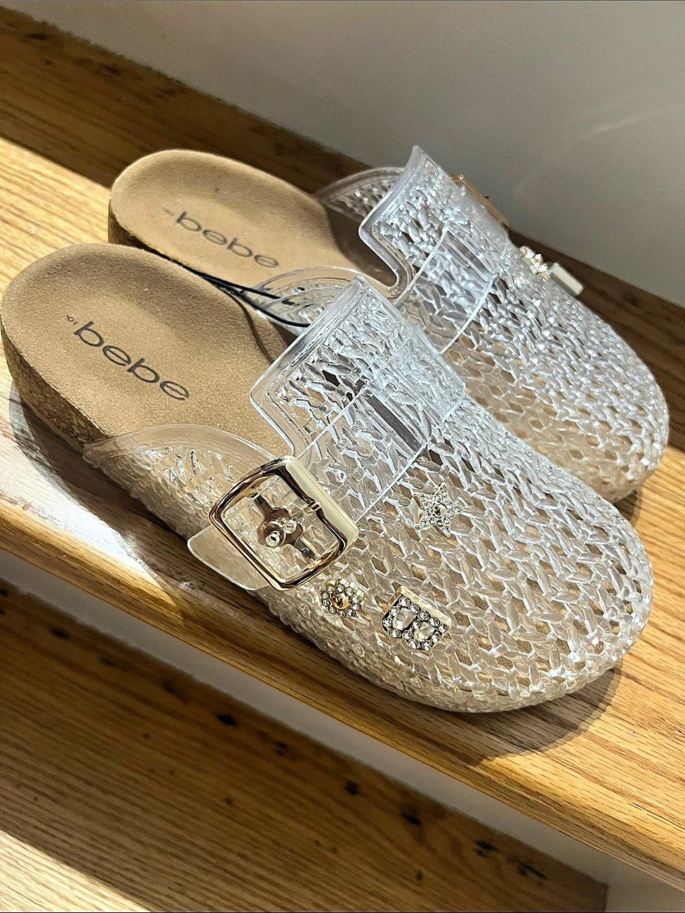 bebe Clear Embellished Clog Sandals